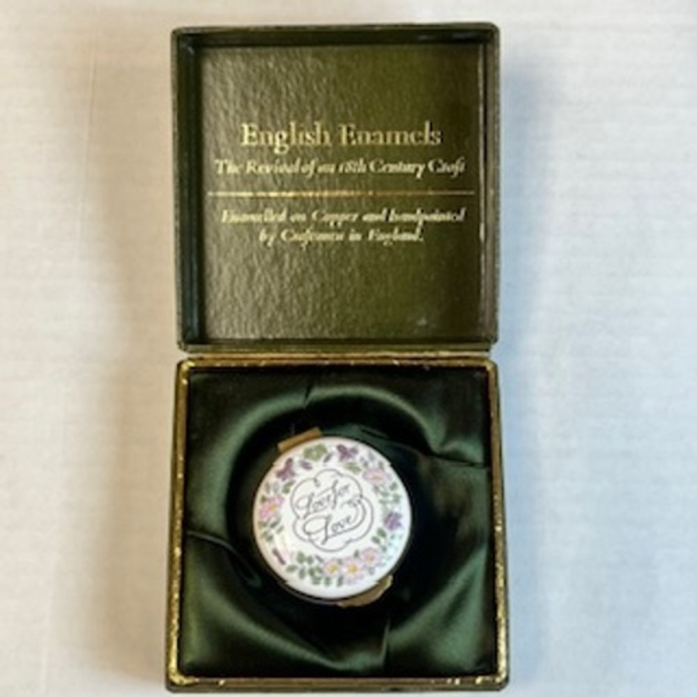 Crummles English Enamel Love for Love Pill Trinket Box Purple Floral Handpainted